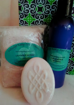 BEST VALUE - SPA PACKAGE - 12oz Scented Dead Sea Mineral Salts Blend, Soap and 8oz 5-Butters Lotion